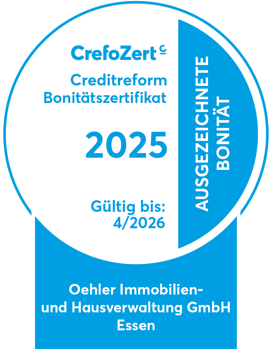 CrefoZert Bonitätszertifikat 2025, gültig bis 4/2026, Oehler Immobilien, blaue und weiße Grafik.