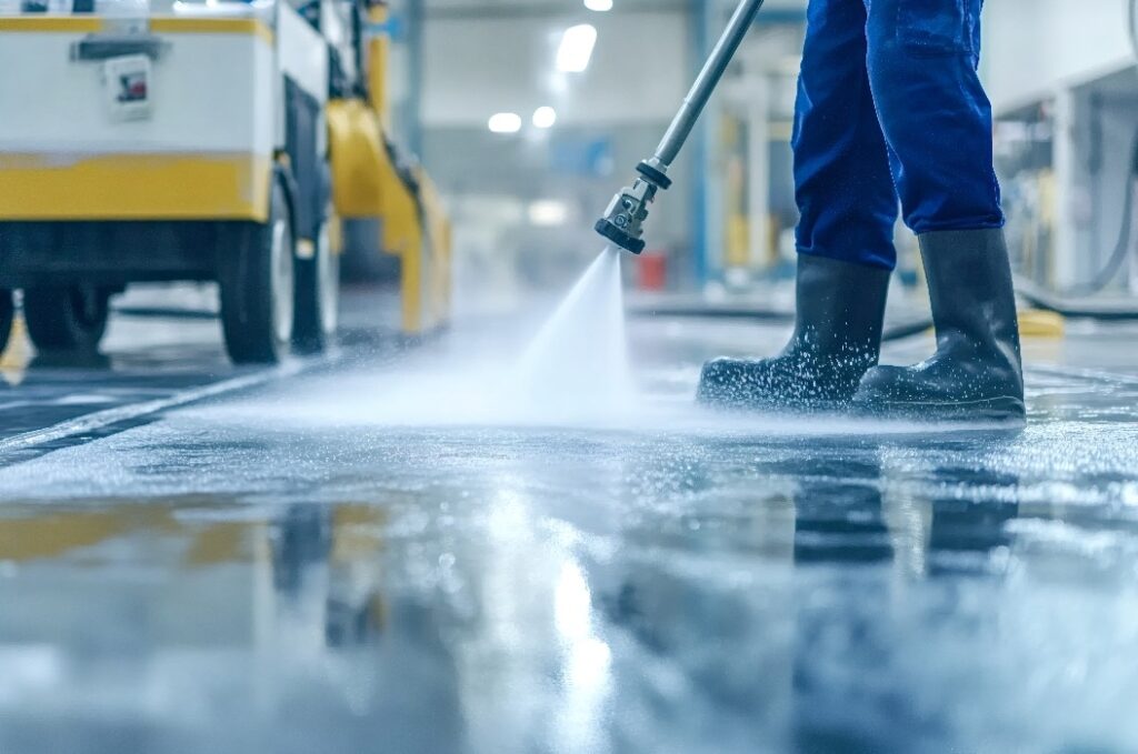 Reinigungspersonal in Sicherheitsstiefeln beim Einsatz eines Hochdruckreinigers zur Reinigung des Betonbodens in einem großen Industriegebäude, wobei Schaum entsteht und Wasser verspritzt wird