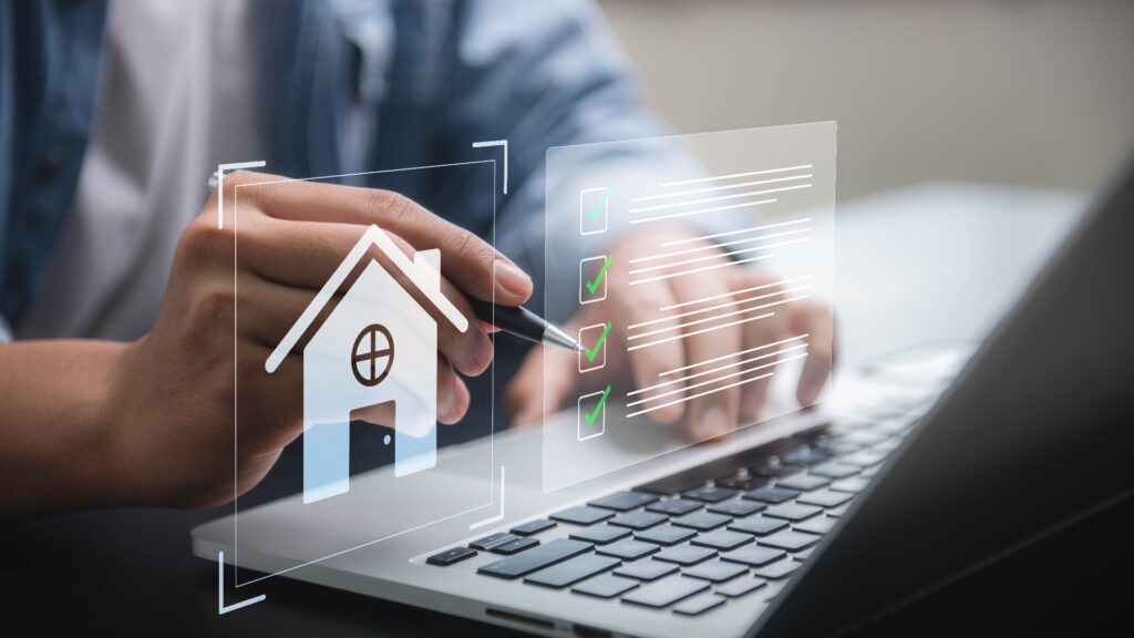 Immobilienmanagement, Professionelle Nutzung digitaler Technologie und Online-Tools für die Immobilienanalyse und Checkliste in einem modernen Arbeitsbereich.