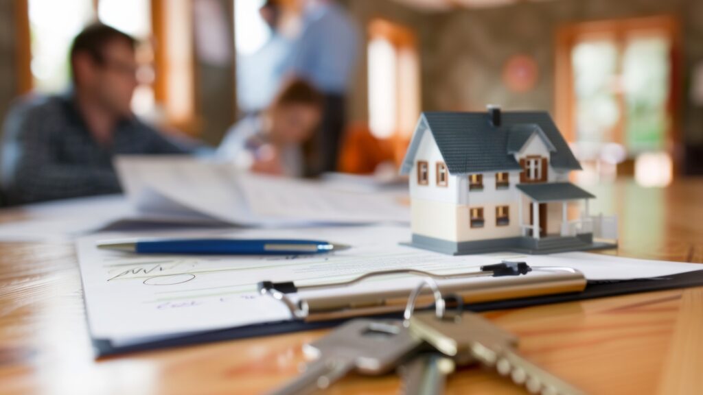 Konzept für den Verkauf eines Hauses und eine Hausversicherung. Unterzeichnung eines Hauskauf- und -verkaufsvertrags, Wohnungsmiete, Hausversicherung. Schlüssel, Haus, Hypothek, Immobilien, Miete, Verkauf, Kredit, Eigentum, Makler
