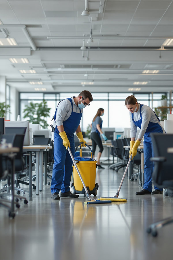 Zwei Personen in blauer Arbeitskleidung reinigen einen Bürogebäudeboden.