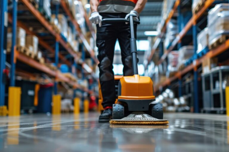 Ein Arbeiter in einer Warnweste bedient eine Bodenreinigungsmaschine in einem großen Lagergang und sorgt für Sauberkeit und Sicherheit.