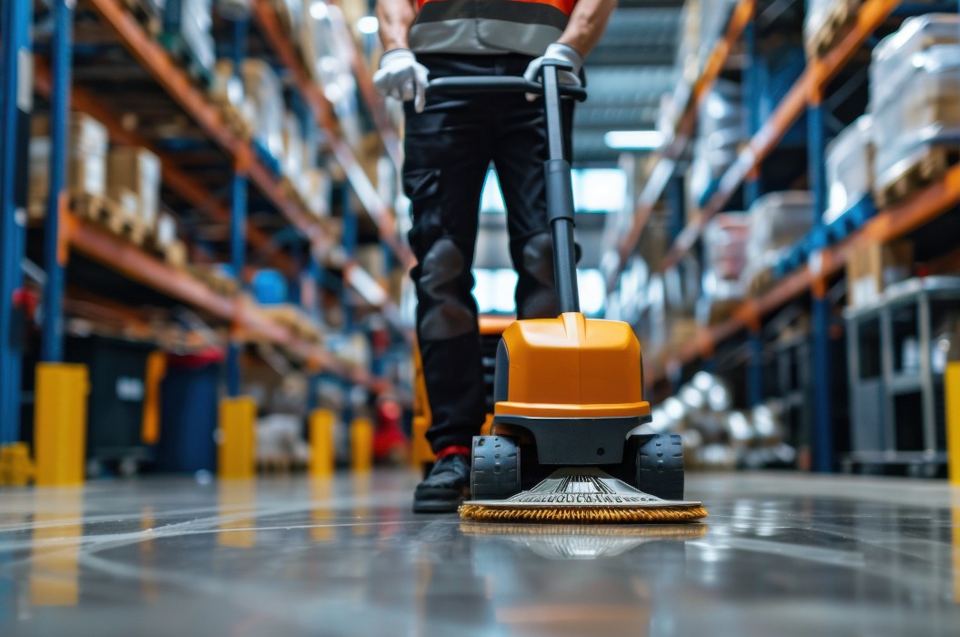 Ein Arbeiter in einer Warnweste bedient eine Bodenreinigungsmaschine in einem großen Lagergang und sorgt für Sauberkeit und Sicherheit.