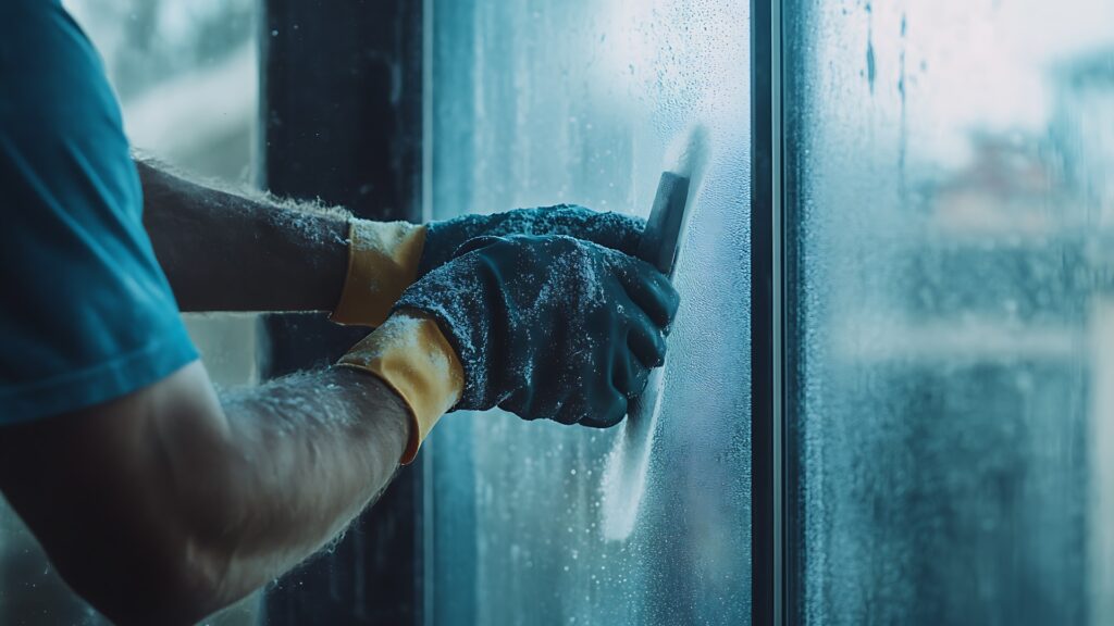 Person, die ein Fenster mit einem Wischer reinigt