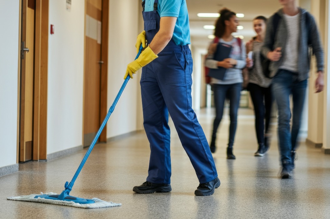 Hausmeister wischt den Schulflur, während Schüler in Uniform vorbeilaufen.