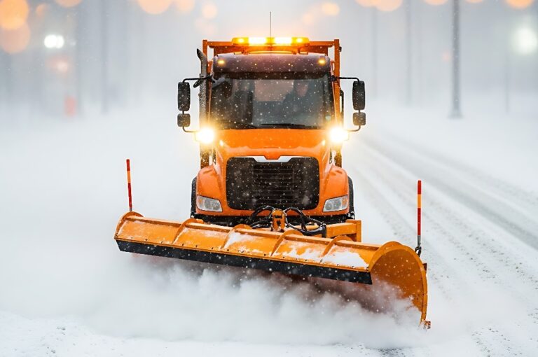 Orangefarbener Schneepflug räumt Straße bei Schneefall orangefarbener LKW