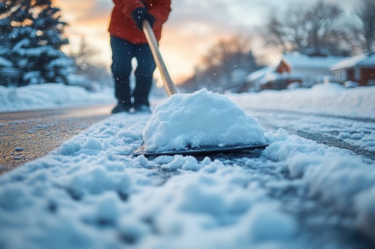 Ein Mitarbeiter des öffentlichen Dienstes, der in einer städtischen Umgebung im Winter Schnee schaufelt