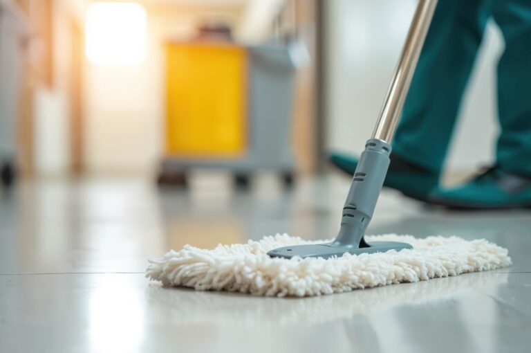 Nahaufnahme eines Mopps, der den Boden im Büro wischt. Ein Hausmeister reinigt den Boden mit Reinigungsgeräten. Hygiene, Sanitärwartung, Sauberkeit am Arbeitsplatz.